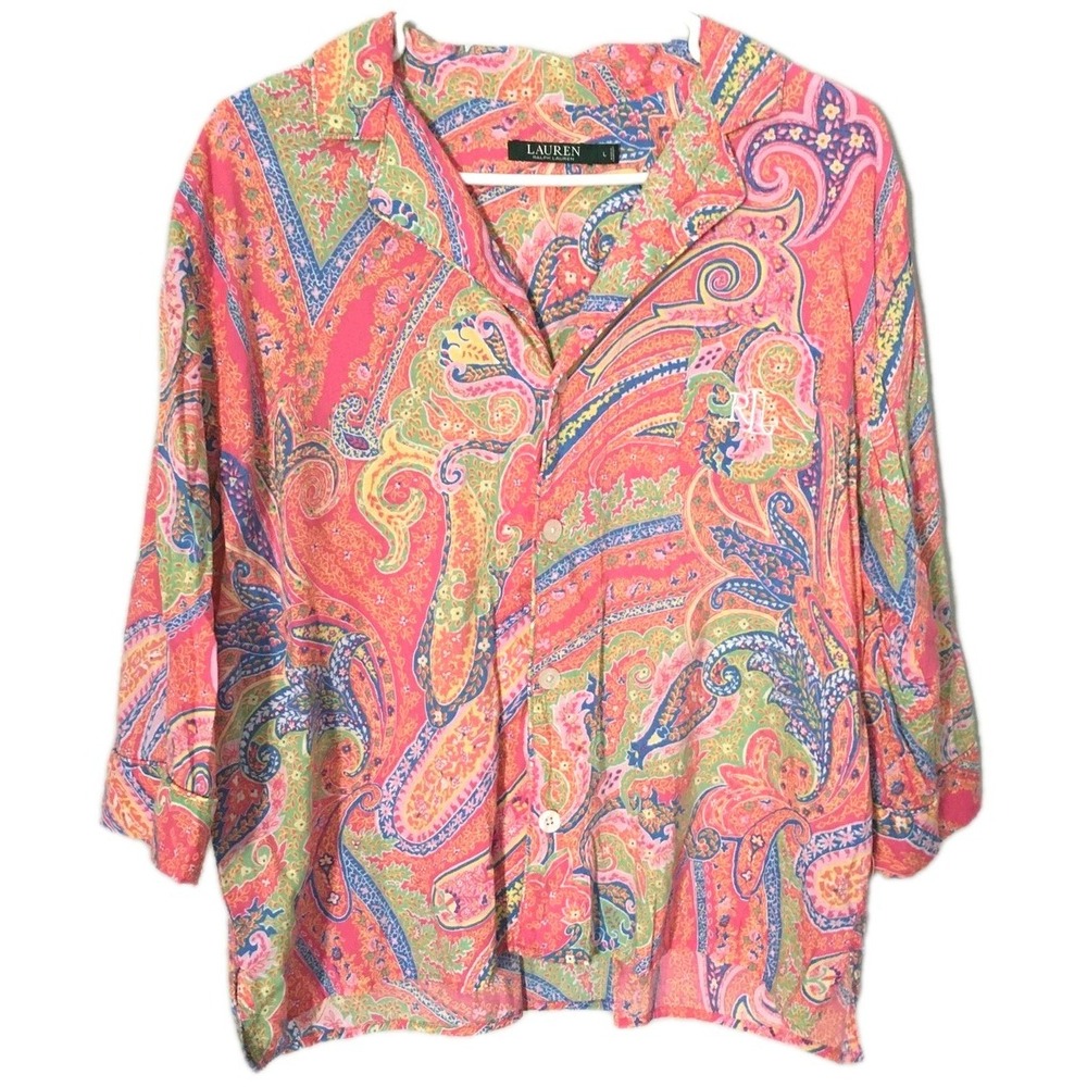 Lauren Ralph Lauren Shirt Womens Large Pink Paisley Button Front Top Blouse